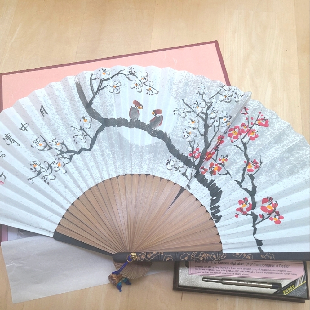 Gift Set: Hand-painted paper and bamboo fan with Bird Design and alphabet Pen